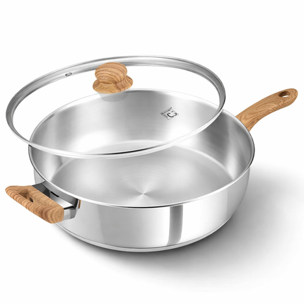 KOCH SYSTEME CS Stainless Steel Saute Pan with Lid, 12 Inch Deep Frying Pan with Double Handles, 5.5 Quart 18/10 Stainless Steel Pan with Cool-Touch Bakelite Handle, Deep Frying Pan, Induction Ready