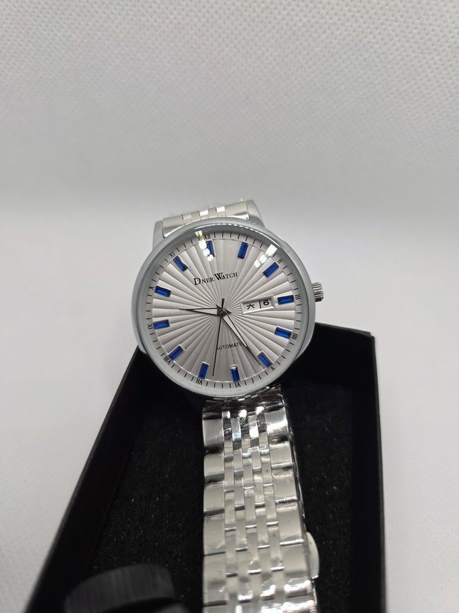 Silver Automatic Dress Watch – White Sunburst Dial, Blue Markers & Stainless Steel Bracelet (Day/Date Display)