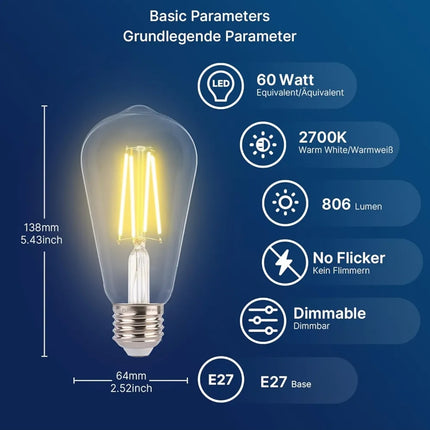 LED Edison Bulb,7W Dimmable E27 Screw Bulb,ST64 Vintage Light Bulbs Filament 60W Equivalent,Clear Glass Retro Style,2700K Warm White,6 Pack