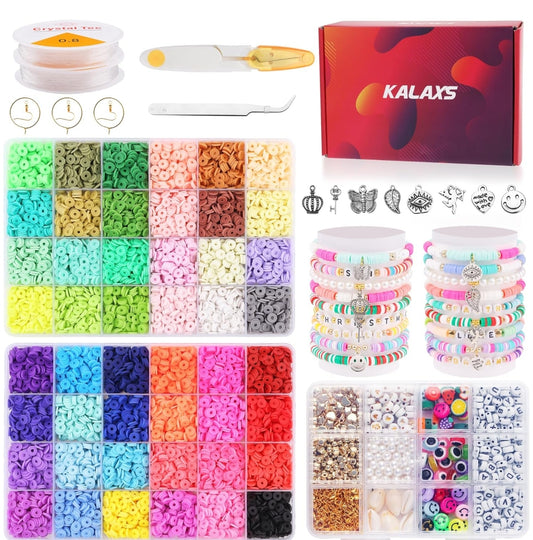 Kalaxs 12000pcs Clay Bead Bracelet Kit, 48 Color Flat Beads Letter Beads Kit,Jewelry Making Kit with Preppy Heishi Beads and Charms,Crafts for Girls Adult-3 Boxes Gift Kit