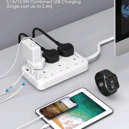 AUOPRO 6-Way UK Extension Lead with 3 USB Ports | 5ft Cable | White