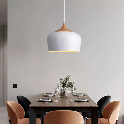 White Pendant Light, Ø30CM Modern Stylish Hanging Light with Wood Looking Holder