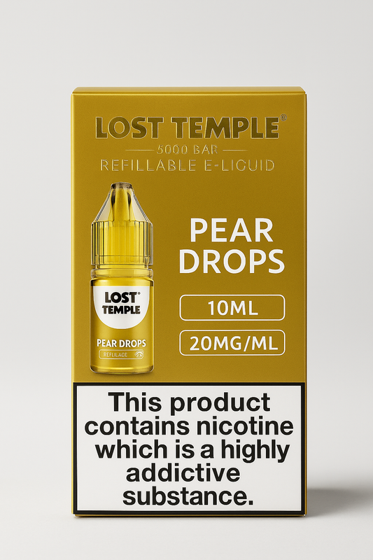 Lost Temple Pear Drops 5000 Bar Refillable E-Liquid – 10ml Bottle, 20mg Nicotine Strength (Pack of 10)