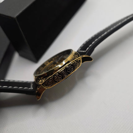 RUIQI Luxury Skeleton Automatic Watch – Gold Engraved Case & Black Leather Strap (3ATM Water Resistant)