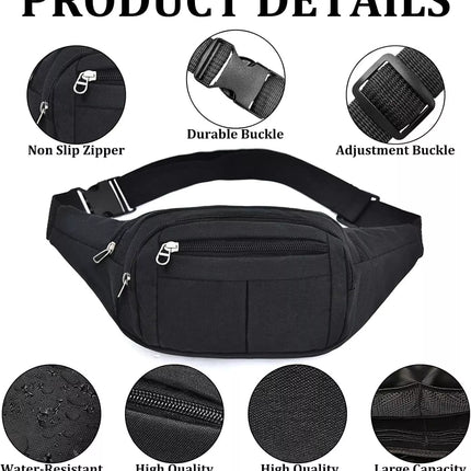 Waist Bag Black Belt Waterproof 4 Zipper Pockets Outdoor Sports Hiking Jogging
