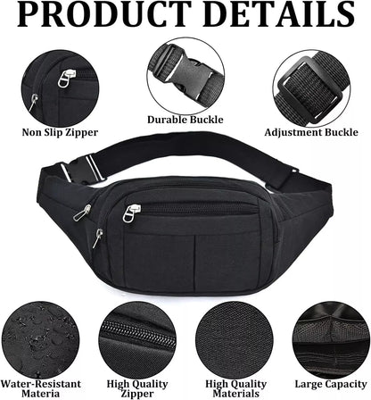Waist Bag Black Belt Waterproof 4 Zipper Pockets Outdoor Sports Hiking Jogging