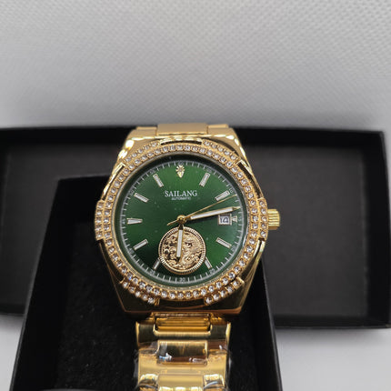 SAILANG Gold Automatic Watch – Green Dial, Crystal Bezel & Date Display (Stainless Steel Bracelet, 3ATM)