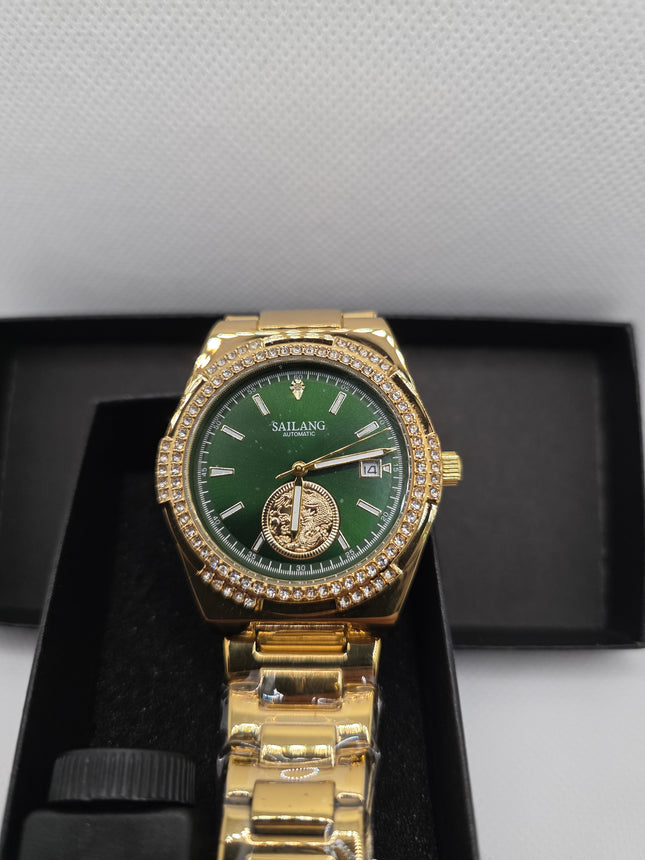 SAILANG Gold Automatic Watch – Green Dial, Crystal Bezel & Date Display (Stainless Steel Bracelet, 3ATM)