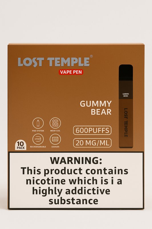 Lost Temple® Gummy Bear Vape Pen 600 Puffs | 20mg/ml Nicotine | Rechargeable Mesh Coil Pod System – 10 Pack
